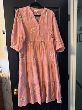 Pink Embroidered Tiered Midi Dress - Floral Detail